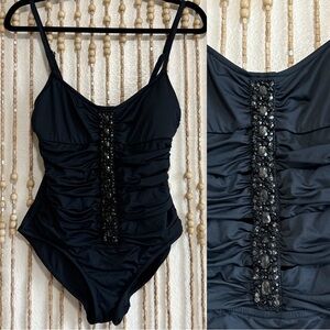 Badgley Mischka Black Embellished Beaded Beachcore Vacation Sexy Onepiece Swim